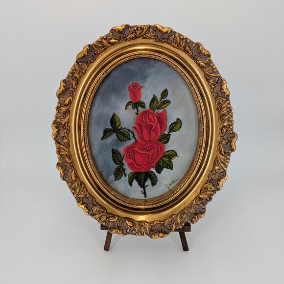 Red Rose Oil Painting Oval Ornate Gold Frame Jean Baker Signed Floral Flower Art - Picture 4 of 10